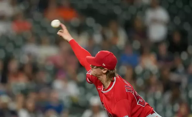 Los Angeles Angels starting pitcher George Klassen throws against the Houston Astros during the seventh inning of a baseball game Tuesday, Aug. 18, 2026, in Houston. (AP Photo/David J. Phillip)