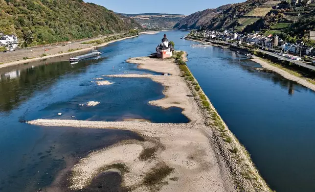 The Zollburg Pfalzgrafenstein toll castle is seen in the middle of the Rhine river with low water levels, in Kaub, Germany, Monday, Aug. 10, 2026. (AP Photo/Michael Probst)