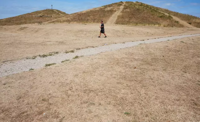 A man walks on dried grass in a park, amid drought conditions in London, in London, Sunday, Aug. 9, 2026. (AP Photo/Kirsty Wigglesworth)