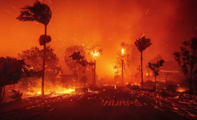 FILE - The Palisades Fire ravages a neighborhood amid high winds in the Pacific Palisades neighborhood of Los Angeles, Jan. 7, 2025. (AP Photo/Ethan Swope, File)