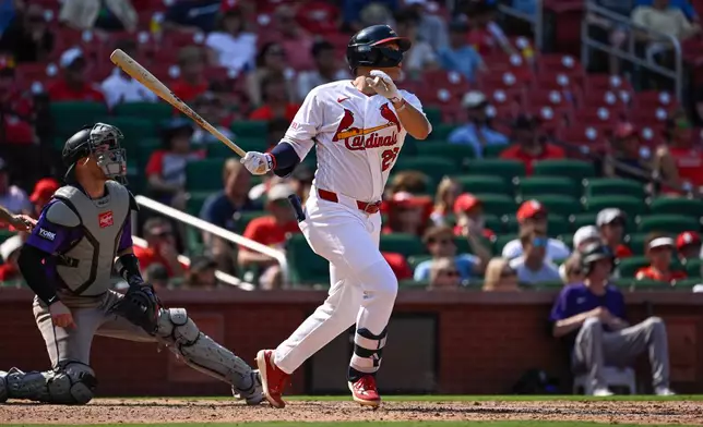St. Louis Cardinals' JJ Wetherholt, right, watches his two-run double in front of Colorado Rockies catcher Brett Sullivan, left, in the eighth inning of a baseball game, Sunday, Aug. 9, 2026, in St. Louis. (AP Photo/Joe Puetz)