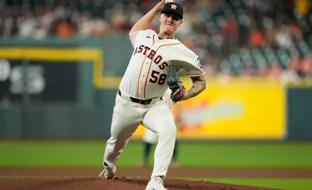 Houston Astros starting pitcher Hunter Brown throws during the first inning of a baseball game against the Toronto Blue Jays in Houston, Wednesday, Aug. 5, 2026. (AP Photo/Ashley Landis)