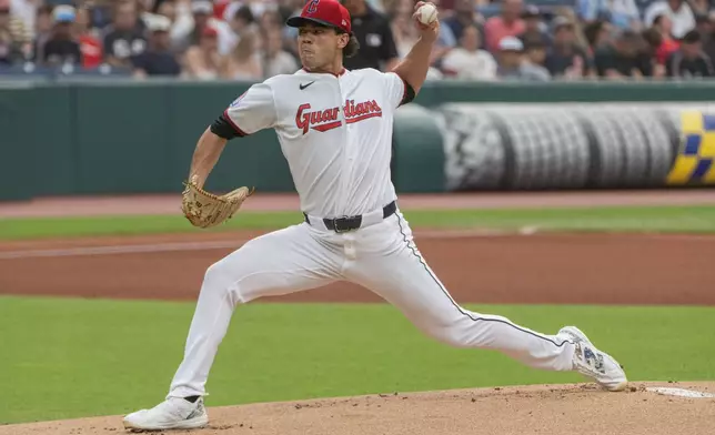 Cleveland Guardians starting pitcher Joey Cantillo delivers against the San Diego Padres during the first inning of a baseball game, Saturday, Aug. 15, 2026, in Cleveland. (AP Photo/Phil Long)