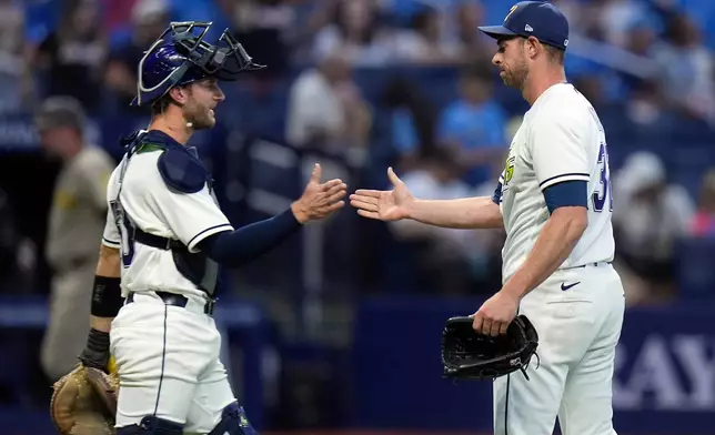 Tampa Bay Rays pitcher Steven Matz, right, celebrates with catcher Kenny Piper after closing out the San Diego Padres during the ninth inning of a baseball game Friday, Aug. 28, 2026, in St. Petersburg, Fla. (AP Photo/Chris O'Meara)