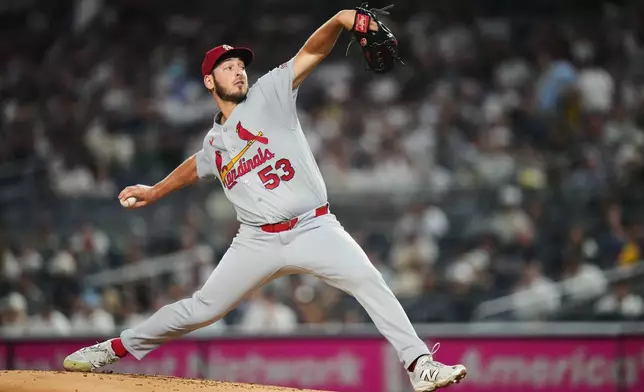 St. Louis Cardinals' Andre Pallante (53) pitches during the first inning of a baseball game against the New York Yankees Wednesday, Aug. 5, 2026, in New York. (AP Photo/Frank Franklin II)