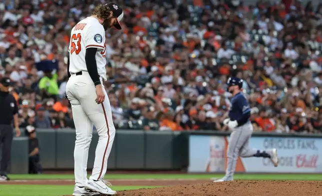 Baltimore Orioles pitcher Brandon Young, foreground, looks down after surrendering a home run to Tampa Bay Rays' Liam Hicks during the second inning of baseball game in Baltimore, Saturday, Aug. 22, 2026. (AP Photo/Terrance Williams)