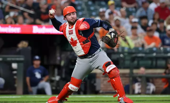 Tampa Bay Rays catcher Liam Hicks throws to first base for an out on a ball hit by Baltimore Orioles' Christian Encarnacion-Strand during the second inning of baseball game in Baltimore, Saturday, Aug. 22, 2026. (AP Photo/Terrance Williams)