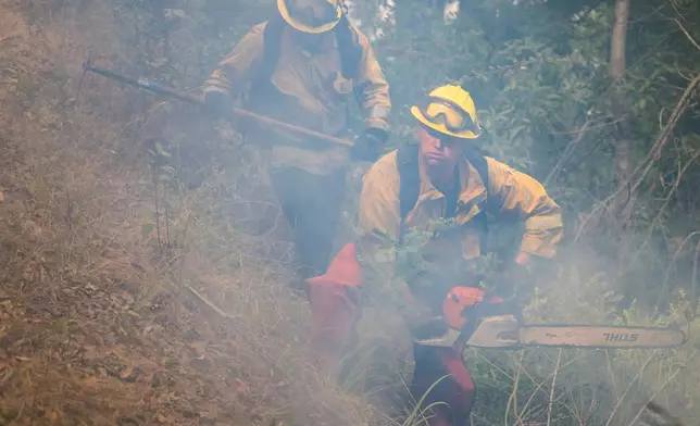 A firefighter cuts brush to stop the Timber Fire from burning above Deetjen's Inn in Big Sur, Calif., Tuesday, Aug. 11, 2026. (AP Photo/Nic Coury)