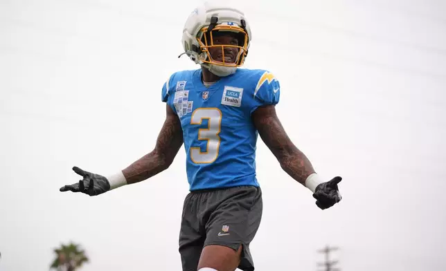 Los Angeles Chargers safety Derwin James Jr. gestures during an NFL football training camp Tuesday, Aug. 4, 2026, in San Diego. (AP Photo/Gregory Bull)