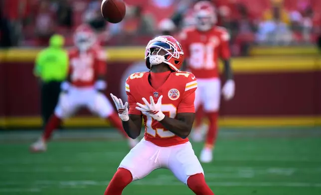 Kansas City Chiefs wide receiver Cyrus Allen warms up prior to a preseason NFL football game against the Seattle Seahawks, Friday, Aug. 28, 2026, in Kansas City, Mo. (AP Photo/Reed Hoffmann)