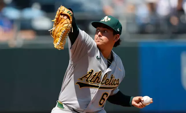 Athletics pitcher Gage Jump delivers to a Kansas City Royals batter during the first inning of a baseball game in Kansas City, Mo., Thursday, Aug. 20, 2026. (AP Photo/Colin E. Braley)