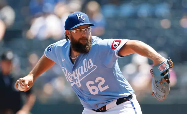 Kansas City Royals pitcher Randy Dobnak delivers to an Athletics batter during the first inning of a baseball game in Kansas City, Mo., Thursday, Aug. 20, 2026. (AP Photo/Colin E. Braley)