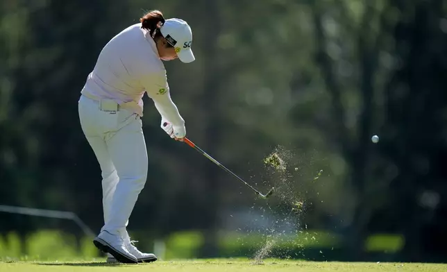 Ariya Jutanugarn, of Thailand, hits her tee shot on the 13th hole during the second round of the LPGA Women's Open golf tournament, in Edmonton, on Friday, Aug. 21, 2026. (Darryl Dyck/The Canadian Press via AP)