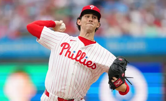 Philadelphia Phillies pitcher Andrew Painter throws during the first inning of a baseball game against the St. Louis Cardinals, Saturday, Aug. 22, 2026, in Philadelphia. (AP Photo/Derik Hamilton)