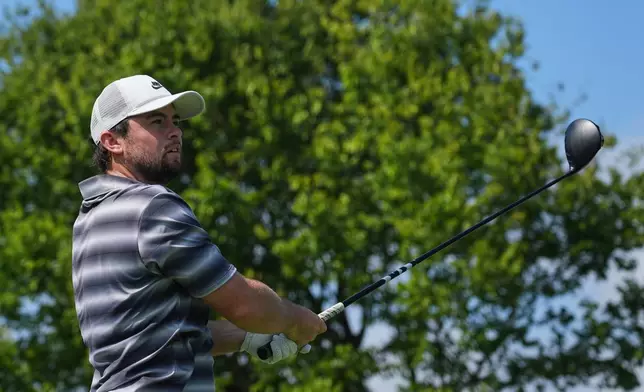 Alex Fitzpatrick, of England, hits from the second tee during the first round of the BMW Championship golf tournament Thursday, Aug. 20, 2026, in St. Louis. (AP Photo/Jeff Roberson)