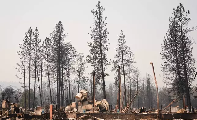 Scorched trees stand over the remains of Riverside Real Life church Tuesday, Aug. 4, 2026, after a wildfire hit the northern part of Spokane, Wash. (AP Photo/Lindsey Wasson)