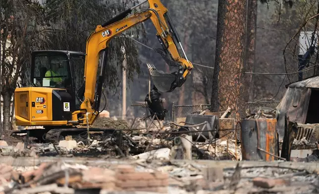 Crews work near several burned down houses after a wildfire hit the northwest part of Spokane, Wash., Tuesday, Aug. 4, 2026. (AP Photo/Lindsey Wasson)