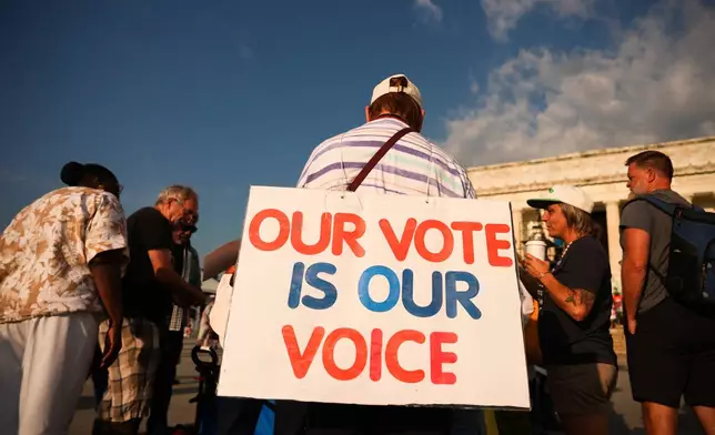 Demonstrators gather near the Lincoln Memorial before the March on Washington, Friday, Aug. 28, 2026, in Washington. (AP Photo/Julia Demaree Nikhinson)