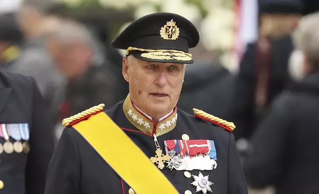 FILE - King Harald V of Norway and his wife Sonja leave the Notre Dame cathedral after attending at the funeral of the Grand Duke Jean of Luxembourg, in Luxembourg, on May 4, 2019. (AP Photo/Francisco Seco, File)