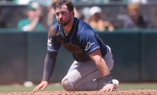 Tampa Bay Rays' Liam Hicks looks on after being tagged out at home plate attempting to score on an RBI double by Tampa Bay Rays Cedric Mullins, not shown, during the third inning of a baseball game against the Athletics, Wednesday, Aug. 12, 2026, in West Sacramento, Calif. (AP Photo/Scott Marshall)