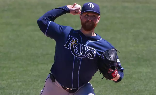 Tampa Bay Rays pitcher Drew Rasmussen throws to an Athletics batter during the first inning of a baseball game Wednesday, Aug. 12, 2026, in West Sacramento, Calif. (AP Photo/Scott Marshall)