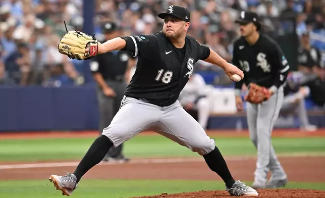 Chicago White Sox pitcher Anthony Kay throws during the fourth inning of a baseball game against the Tampa Bay Rays, Sunday, Aug. 2, 2026, in St. Petersburg, Fla. (AP Photo/Jason Behnken)