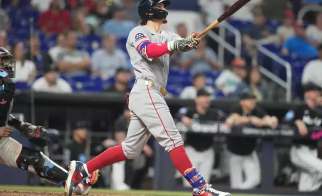 Boston Red Sox's Jarren Duran watches after hitting a grand slam during the 11th inning of a baseball game against the Miami Marlins, Tuesday, Aug. 25, 2026, in Miami. (AP Photo/Lynne Sladky)