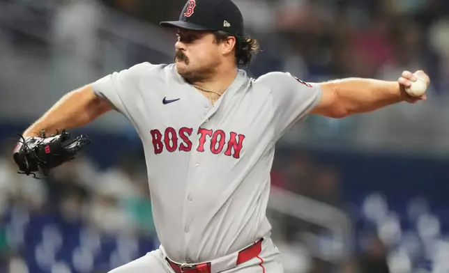 Boston Red Sox starting pitcher Payton Tolle throws during the first inning of a baseball game against the Miami Marlins, Tuesday, Aug. 25, 2026, in Miami. (AP Photo/Lynne Sladky)