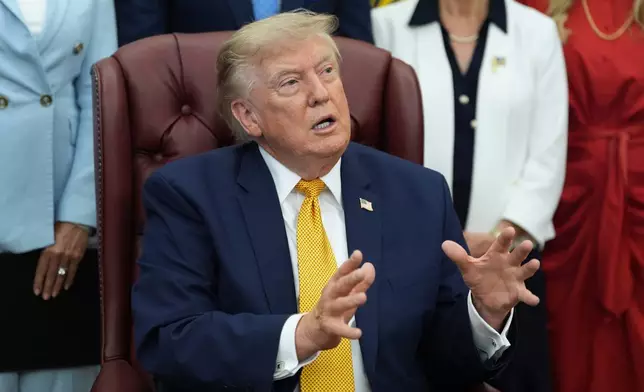 President Donald Trump speaks during a meeting about military families, in the Oval Office of the White House, Monday, Aug. 3, 2026, in Washington. (AP Photo/Alex Brandon)