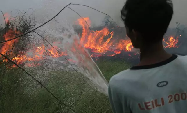 A volunteer sprays water in an attempt to extinguish a wildfire burning through a peatland field in Ogan Ilir, South Sumatra, Indonesia, Monday, Aug. 24, 2026. (AP Photo/Muhammad Hatta)