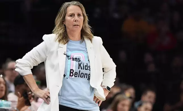 Minnesota Lynx head coach Cheryl Reeve watches play during the first half of a WNBA basketball game against the Indiana Fever, Sunday, Aug. 2, 2026, in Minneapolis. (AP Photo/Abbie Parr)