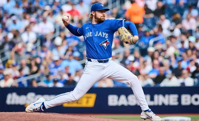 Toronto Blue Jays pitcher Spencer Miles (62) works against the Baltimore Orioles during the first inning of a baseball game in Toronto, on Saturday, Sept. 12, 2026. (Sammy Kogan/The Canadian Press via AP)