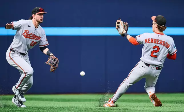 Baltimore Orioles' Dylan Beavers (12), left, and Gunnar Henderson (2) can't make the catch during second inning of a baseball game against the Toronto Blue Jays in Toronto, on Saturday, Sept. 12, 2026. (Sammy Kogan/The Canadian Press via AP)