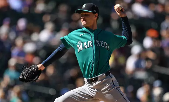 Seattle Mariners starting pitcher Kade Anderson works against Colorado Rockies in the first inning during a baseball game Sunday, Sept. 20, 2026, in Denver. (AP Photo/RJ Sangosti)