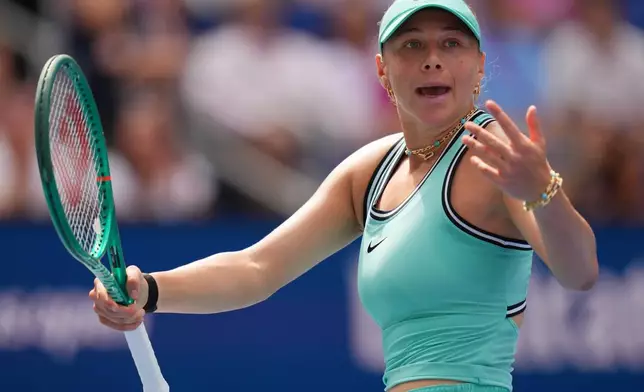 Amanda Anisimova, of the United States, reacts during the third round of the U.S. Open tennis championships against Anastasia Potapova, of Austria, Saturday, Sept. 5, 2026, in New York. (AP Photo/Kirsty Wigglesworth)