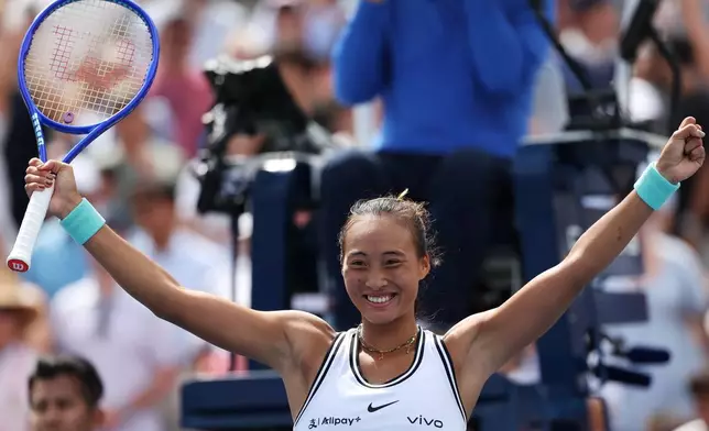 Zheng Qinwen, of China, gestures after she won her match against Madison Keys, of the United States, during the third round of the U.S. Open tennis championships Saturday, Sept. 5, 2026, in New York. (AP Photo/Heather Khalifa)