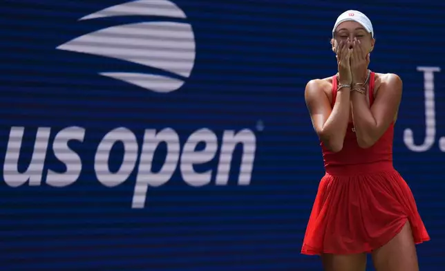 Anastasia Potapova, of Austria, reacts after she won her match against Amanda Anisimova, of the United States, during the third round of the U.S. Open tennis championships Saturday, Sept. 5, 2026, in New York. (AP Photo/Kirsty Wigglesworth)