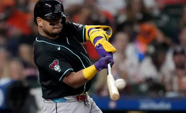 Arizona Diamondbacks' Gabriel Moreno hits a double against the Houston Astros during the third inning of a baseball game Saturday, Sept. 5, 2026, in Houston. (AP Photo/Eric Christian Smith)