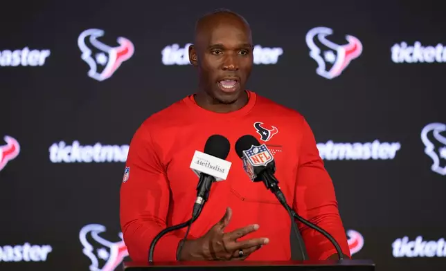 Houston Texans head coach DeMeco Ryans speaks during a news conference after an NFL football game against the Cincinnati Bengals in Houston, Sunday, Sept. 20, 2026. (AP Photo/Ashley Landis)