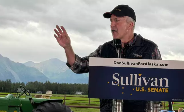 FILE - U.S. Sen. Dan Sullivan, R-Alaska, speaks at a get out the vote event held at farm in Palmer, Alaska, on Aug. 17, 2026. (AP Photo/Mark Thiessen, File)