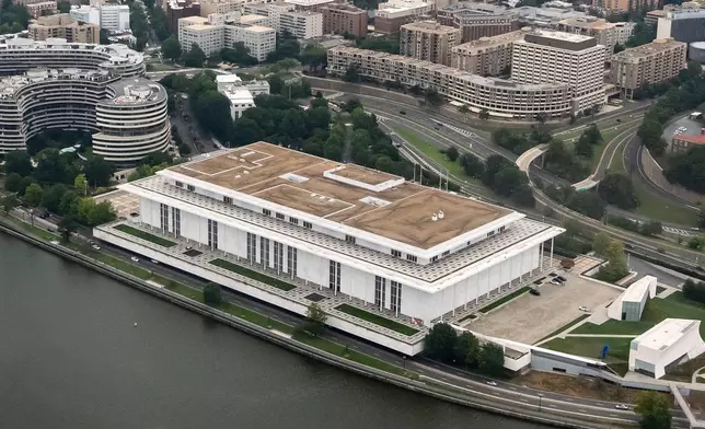 The John F. Kennedy Center for the Performing Arts is seen from the air, Sunday, Aug. 30, 2026, in Washington. (AP Photo/Alex Brandon)