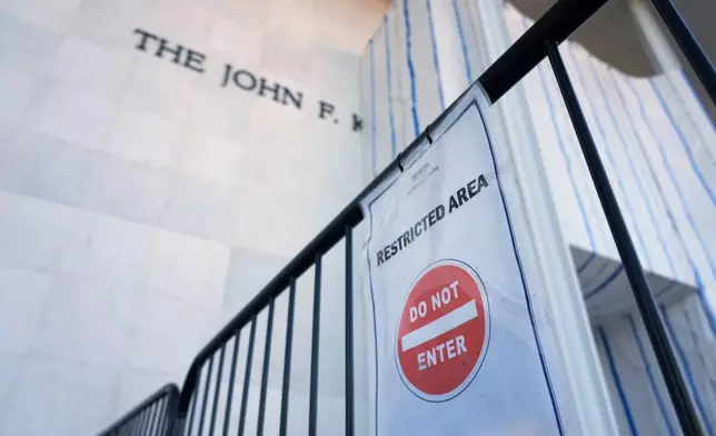 A sign is placed on a gate outside the John F. Kennedy Center for the Performing Arts in Washington, Tuesday, Sept. 15, 2026. (AP Photo/Jacquelyn Martin)