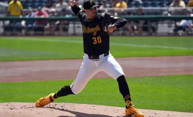 Pittsburgh Pirates pitcher Paul Skenes delivers against the Los Angeles Angels during the first inning of a baseball game in Pittsburgh, Sunday, Sept. 6, 2026. (AP Photo/Tom E. Puskar)