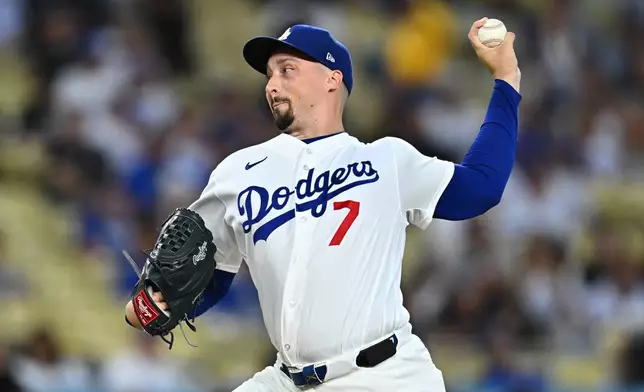 Los Angeles Dodgers pitcher Blake Snell delivers during the first inning of a baseball game against the Washington Nationals, Friday, Sept. 4, 2026, in Los Angeles. (AP Photo/William Liang)