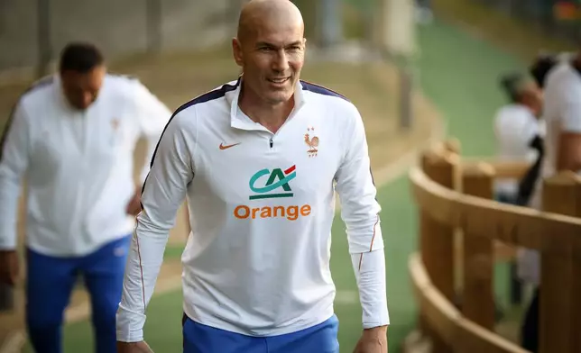 France's Zinedine Zidane leaves the training session with the French national team at the national soccer team training center in Clairefontaine, west of Paris, France, Monday Sept. 21, 2026. (AP Photo/ Thomas Padilla)