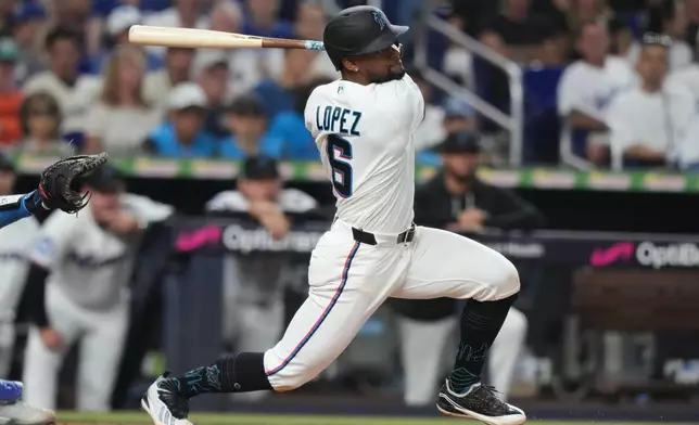 Miami Marlins' Otto Lopez (6) follows through on a RBI single to score Heriberto Hernández during the second inning of a baseball game against the Los Angeles Dodgers, Saturday, Sept. 12, 2026, in Miami. (AP Photo/Lynne Sladky)