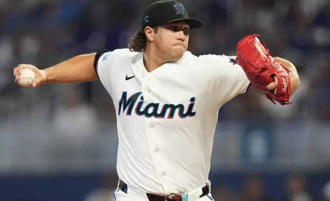 Miami Marlins starting pitcher Tyler Phillips throws during the first inning of a baseball game against the Los Angeles Dodgers, Saturday, Sept. 12, 2026, in Miami. (AP Photo/Lynne Sladky)