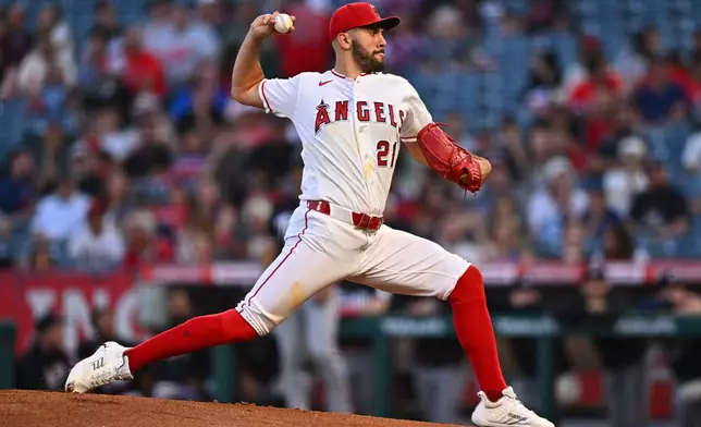 Los Angeles Angels pitcher Grayson Rodriguez delivers during the first inning of a baseball game against the Minnesota Twins, Friday, Sept. 18, 2026, in Anaheim, Calif. (AP Photo/William Liang)