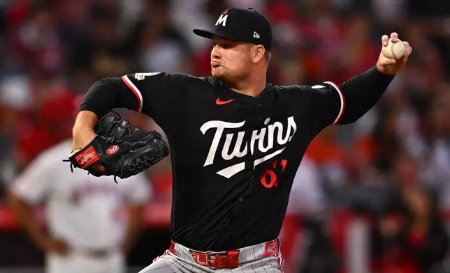 Minnesota Twins pitcher Connor Prielipp delivers during the first inning of a baseball game against the Los Angeles Angels, Friday, Sept. 18, 2026, in Anaheim, Calif. (AP Photo/William Liang)