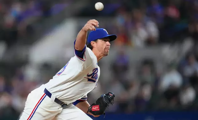 Texas Rangers starting pitcher Jacob deGrom throws to the Boston Red Sox during the first inning of a baseball game Tuesday, Sept. 15, 2026, in Arlington, Texas. (AP Photo/Julio Cortez)